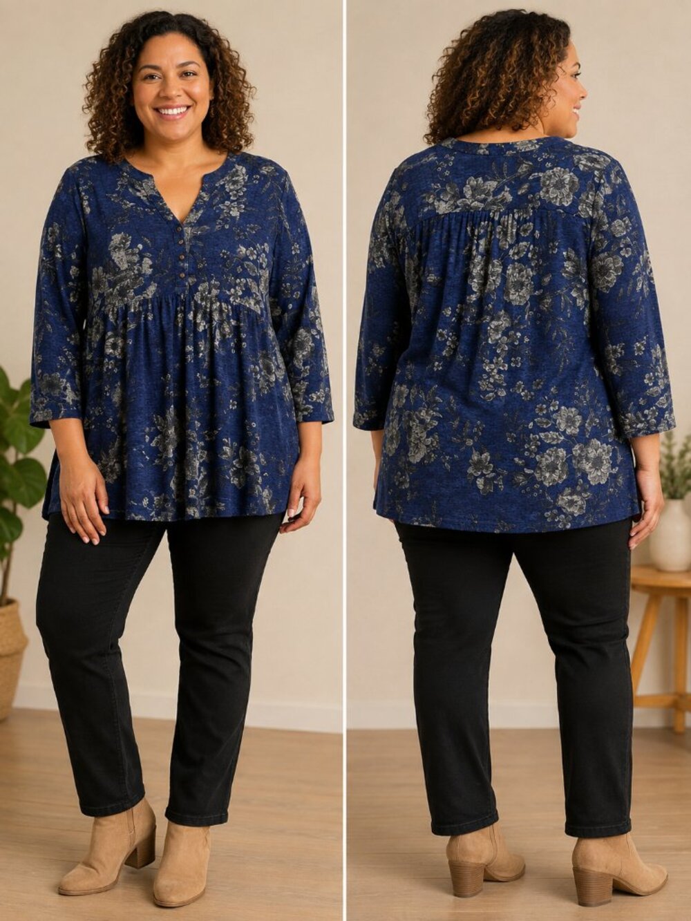Denver Hayes Blue Floral Crinkle Tunic Top Women's 2XL 3/4 Sleeve Boho Blouse